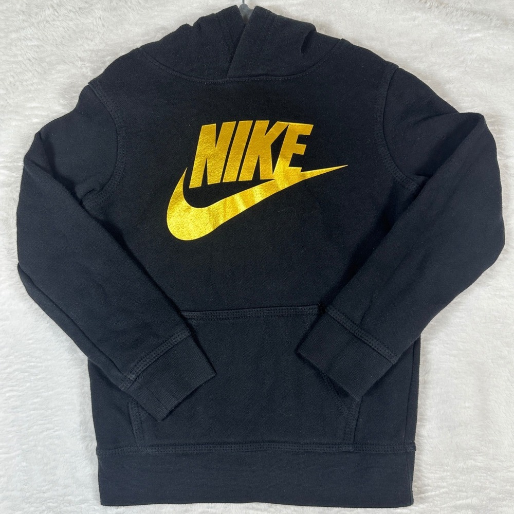 Nike Hoodie Kids Size 4 Black Gold Logo Pullover Fleece Sweatshirt
